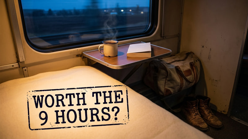 Thumbnail for Threadbare Atlas: a cream blanket, an enamel mug and a canvas duffel in a sleeper train compartment at dusk, asking "Worth the 9 hours?" in stamped ink capitals.