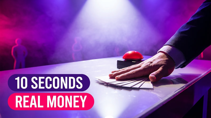 Thumbnail for Ten Second Panic: a hand slamming a buzzer on a game show desk under violet haze, with two stacked broadcast chips reading "10 seconds" and "Real money".